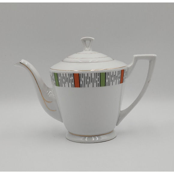 MCM HTF Rare Retro Design Green Orange Made In China Tea Pitcher Porcelain White - Picture 2 of 13